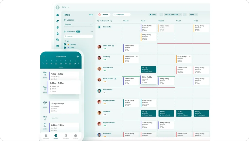 Screenshot of Agendrix’s employee scheduling dashboard and mobile app showing weekly shifts, staff availability, open shifts, time-off entries, and role-based filters for positions like cashier and clerk. This image highlights Agendrix’s Canadian labor compliance scheduling features, staff management workflows, and mobile-first shift visibility, included in the Connecteam alternatives guide to compare tools suited for retail, hospitality, and compliance-heavy workplaces.