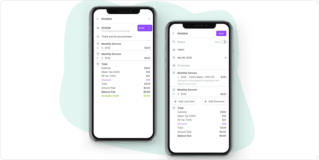 Two mobile screens displaying GorillaDesk’s billing and invoicing interface with line items, taxes, discounts, totals, and payment status, showcasing how field service businesses can create, edit, and manage invoices directly from their phone.