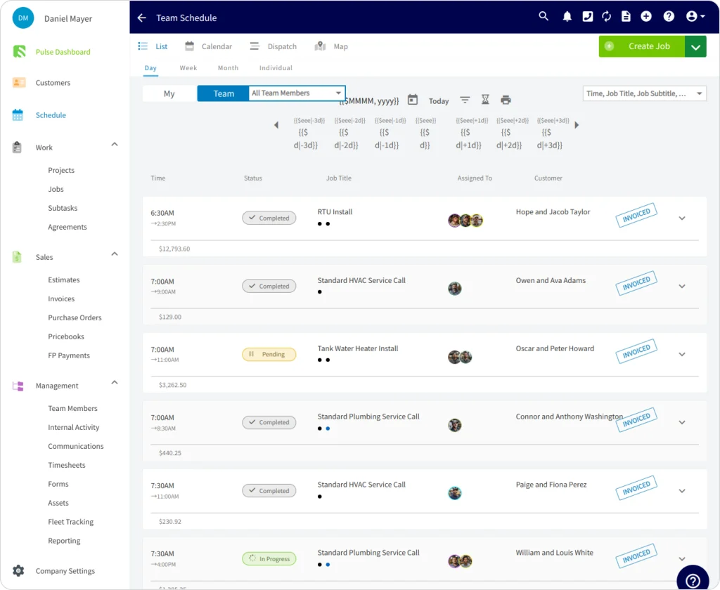FieldPulse customer management and scheduling dashboard with job list, technician assignments, statuses, and invoiced indicators.