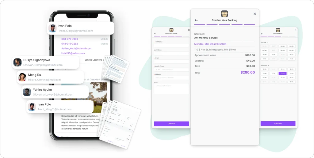 A GorillaDesk customer portal and online booking interface showing customer profiles, service forms, appointment time selection, and a booking confirmation screen, highlighting how the software streamlines customer communication and self-service scheduling for field service businesses.