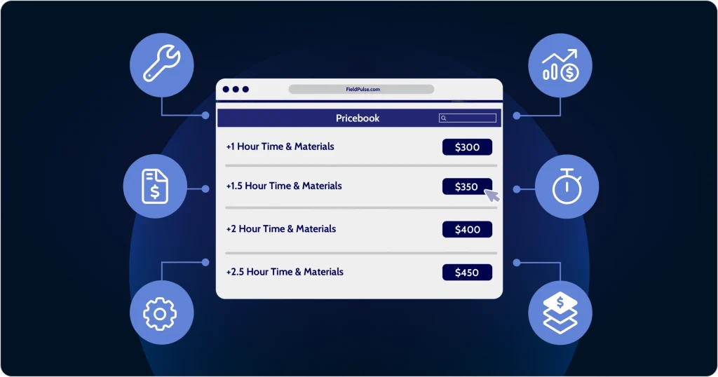 FieldPulse estimates and invoicing pricebook showing hourly service rates with visual icons for field service cost and workflow management.