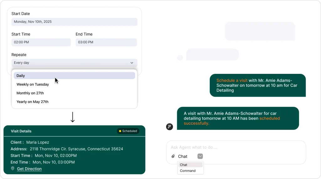 A FieldCamp AI scheduling interface showing repeat options like daily, weekly, monthly, and yearly, alongside automated chat messages confirming a scheduled visit and detailed appointment information, demonstrating how AI handles job booking and visit creation for field service teams.