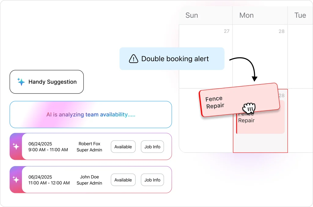 FieldCamp scheduler displaying a double booking alert, AI analyzing team availability, and suggested time slots for assigning a fence repair job.