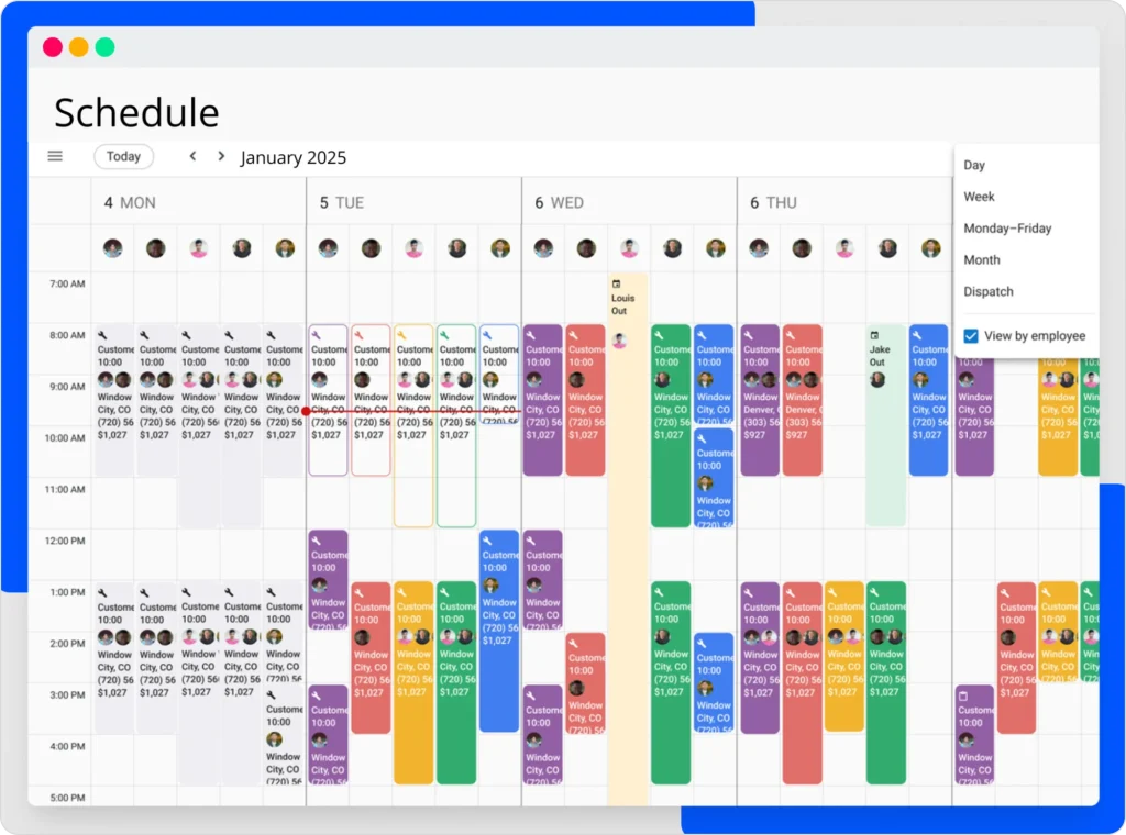 Screenshot of Housecall Pro’s scheduling calendar showing a detailed week view with color-coded jobs, technician assignments, customer appointment details, and employee availability filters. This image highlights Housecall Pro’s dispatching, job scheduling, and workflow management features, included in the Connecteam alternatives guide to compare modern field service scheduling tools designed for home service businesses.
