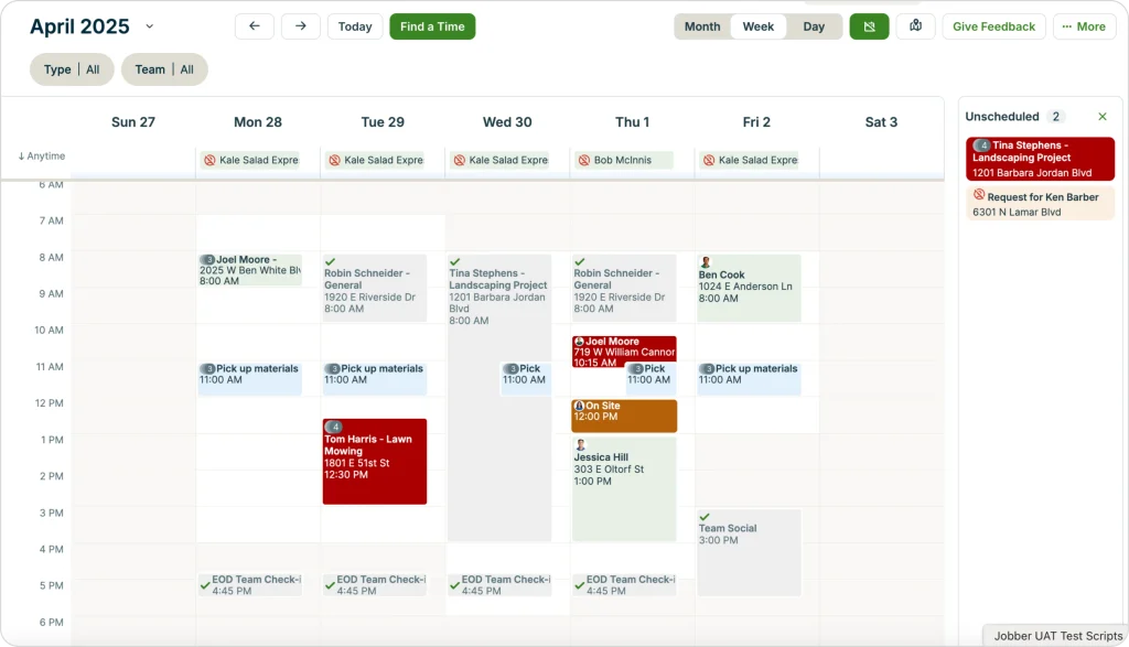 Screenshot of Jobber’s field service scheduling calendar showing weekly job assignments, technician routes, unscheduled work orders, and color-coded tasks for landscaping, lawn care, and on-site visits. This image highlights Jobber’s job management and scheduling interface, included in the Connecteam alternatives comparison to evaluate tools for field service operations, workforce coordination, and client appointment management.