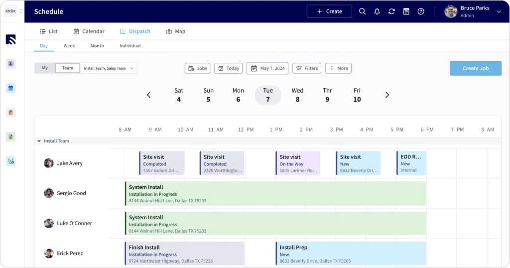 FieldPulse scheduling and dispatch screen with job timelines for technicians, including site visits, installs, and status updates.