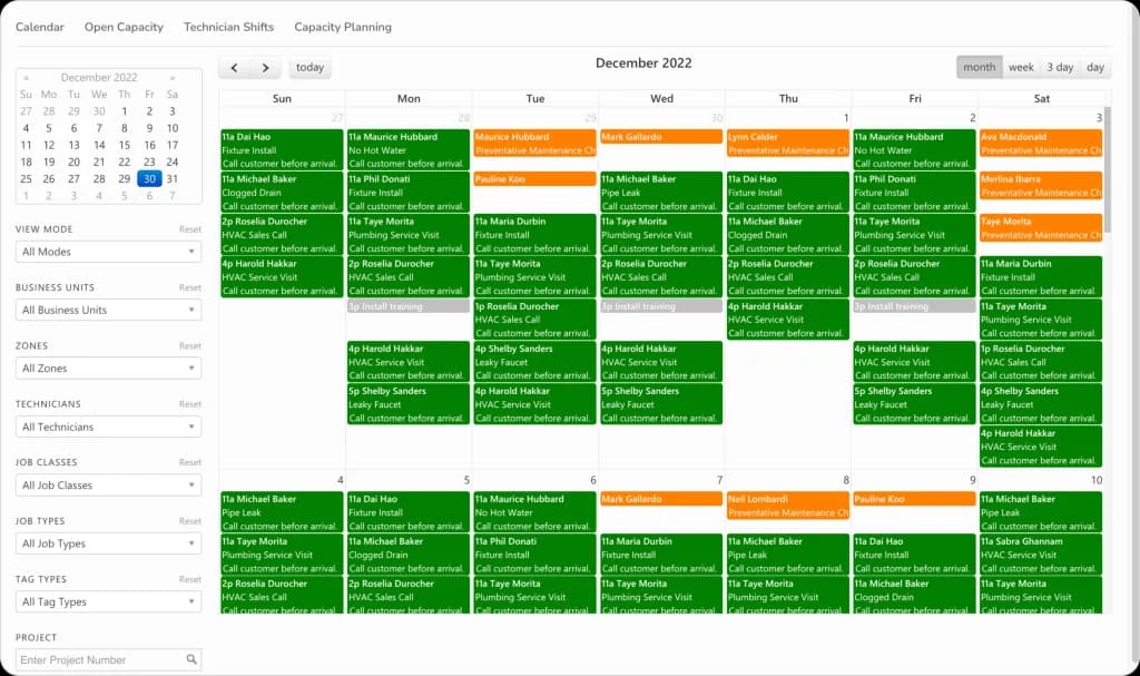 Screenshot of ServiceTitan’s technician scheduling and capacity planning calendar displaying daily HVAC service visits, plumbing jobs, preventative maintenance appointments, and technician availability across multiple business units and zones. This image demonstrates ServiceTitan’s enterprise-level job scheduling and field operations management interface, used in the Connecteam alternatives guide to compare advanced dispatching, job filtering, and capacity planning features for large field service teams.