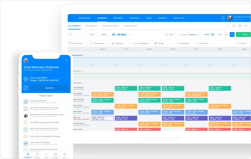 Screenshot of Sling’s employee scheduling dashboard and mobile app showing assigned shifts, open shifts, staff notifications, and color-coded rosters. This image represents Sling’s restaurant and retail scheduling features, team communication tools, and shift management workflow, included in the Connecteam alternatives guide as an option for small teams seeking simple scheduling and time clock solutions.