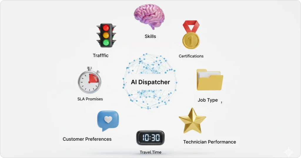 An image showing modern AI dispatching handling multiple contraints at once