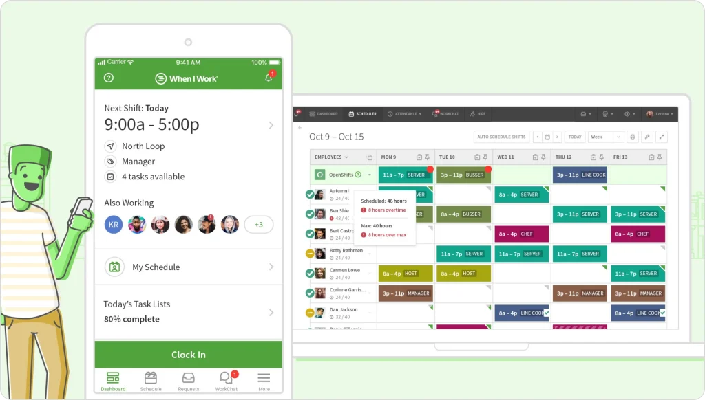 Screenshot of the When I Work scheduling platform showing a mobile app view with upcoming shift details, team task lists, and a desktop dashboard displaying weekly employee schedules, shift assignments, overtime alerts, and role-based staffing. This image highlights When I Work’s simple workforce scheduling, attendance tracking, and mobile clock-in features, included in the Connecteam alternatives guide for managers seeking an easy scheduling solution for hourly teams.