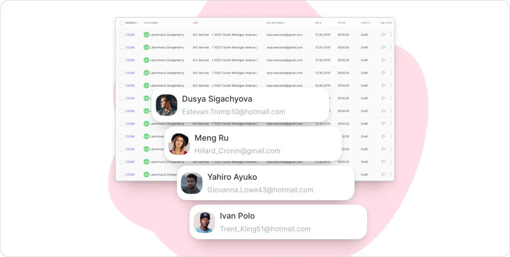 A GorillaDesk work orders and reporting screen showing a detailed list of invoices alongside floating customer profile cards, illustrating how the software organizes job details, billing records, and customer information for field service teams.