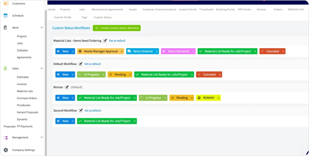 FieldPulse workflow automation screen showing custom status workflows with color-coded job stages like New, In Progress, Pending, and Canceled.