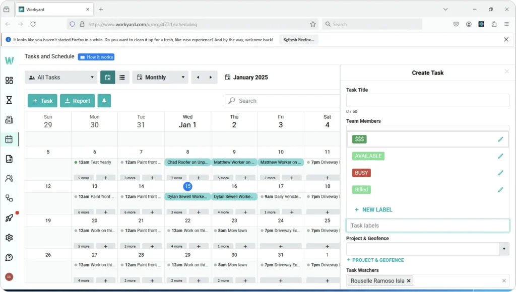 Screenshot of Workyard’s tasks and scheduling calendar showing monthly job assignments, team availability labels like ‘Available,’ ‘Busy,’ and ‘Billed,’ and project geofence settings. This image highlights Workyard’s construction-focused scheduling, time tracking, and workforce management tools, included in the Connecteam alternatives guide to compare platforms built for field crews, job costing, and project scheduling.