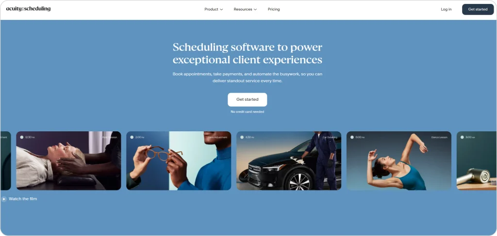 Acuity Scheduling homepage showing scheduling software banner with client service images.