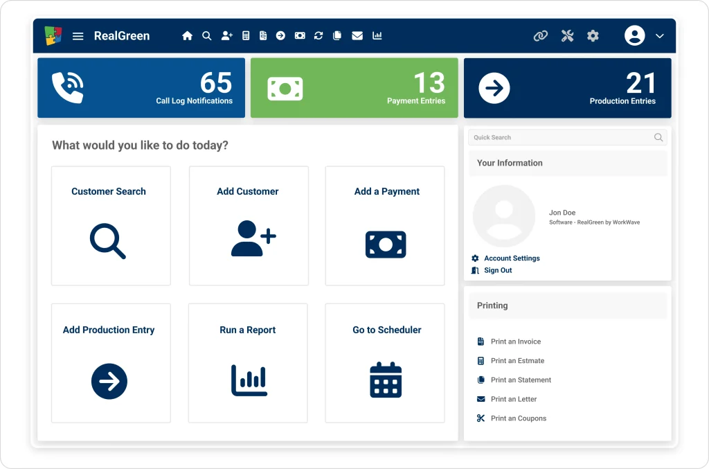 RealGreen software home screen displaying customer search, new customer entry, payment entry, production logging, reports, and printing options.