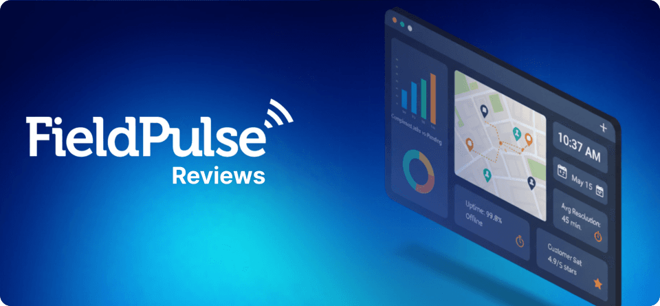 FieldPulse Reviews cover image with field service management dashboard showing job tracking, route optimization, and performance analytics.