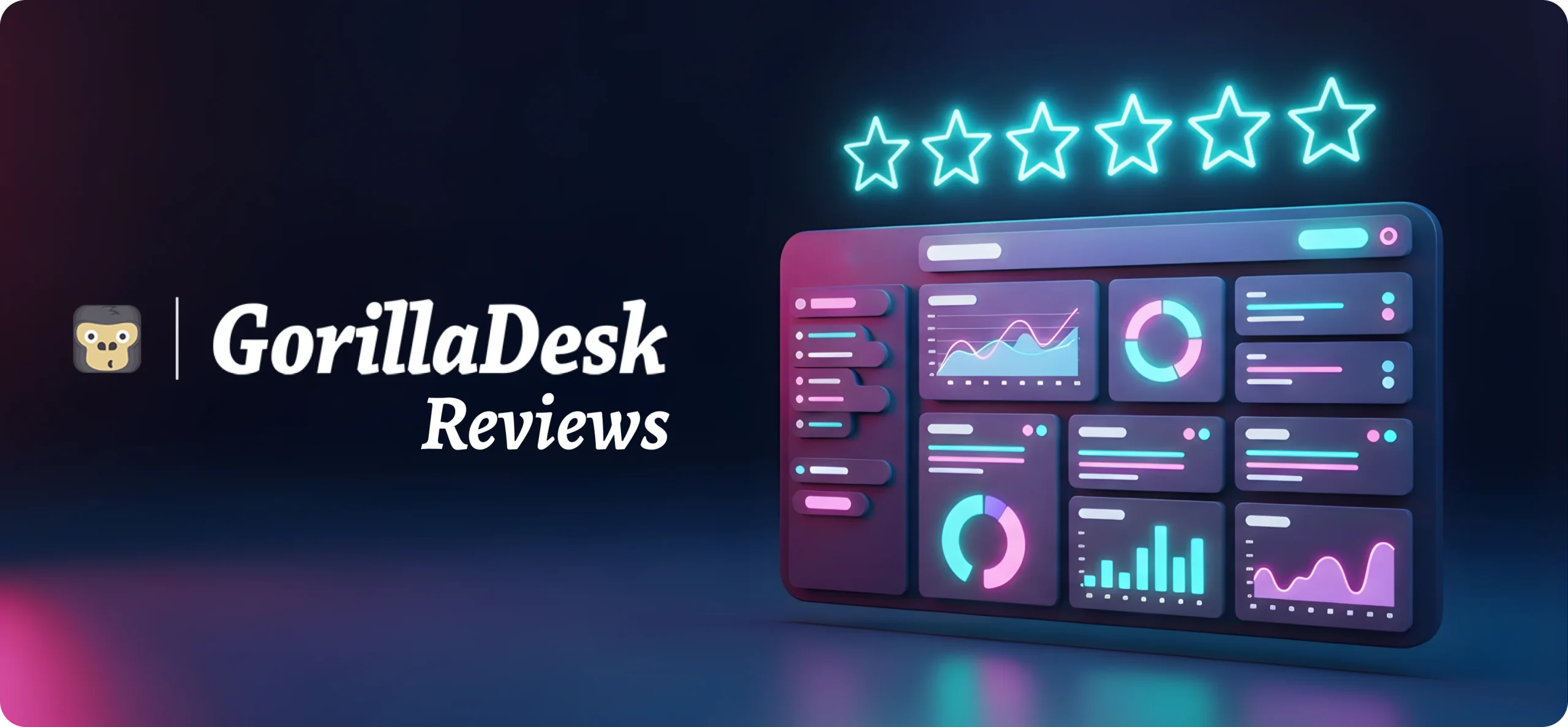 A 3D neon-style dashboard showing charts, graphs, and field service analytics next to the GorillaDesk Reviews title and monkey icon, illustrating software performance and customer ratings for field service businesses.
