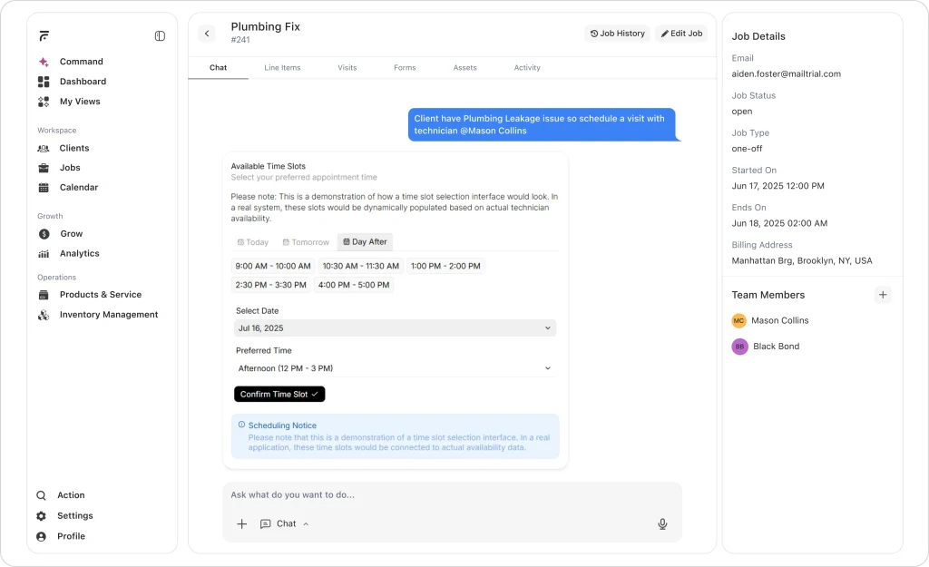 FieldCamp AI scheduling interface showing time slot recommendations, job details, and technician assignment for a plumbing repair job.