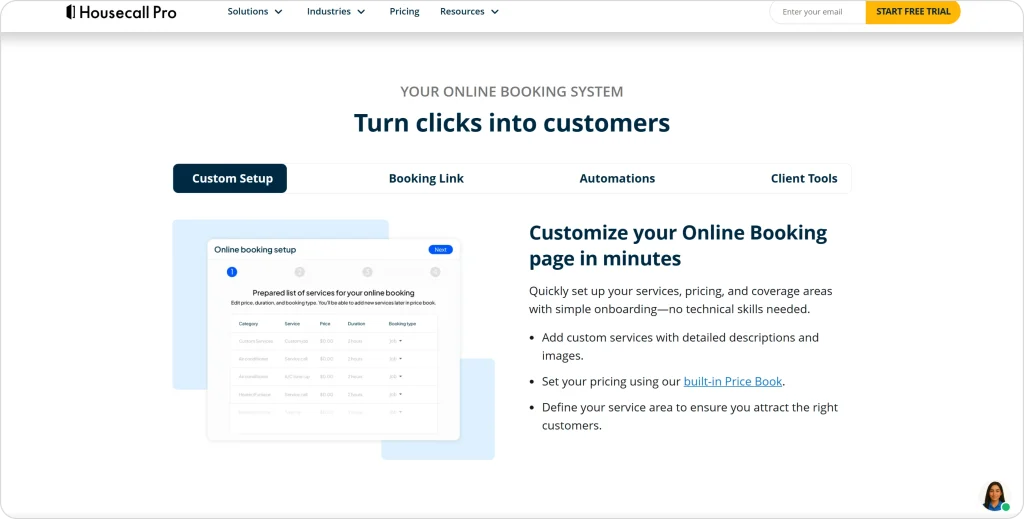 Housecall Pro online booking setup screen showing service list, pricing options, and customization tools for creating a booking page.