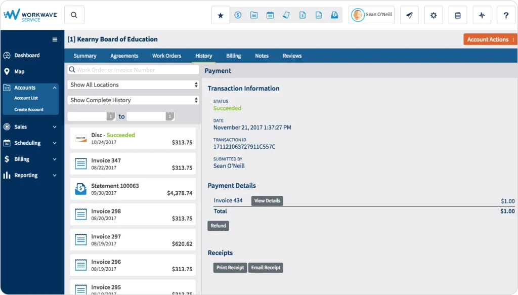 WorkWave payment screen showing account history, transaction status, billing details, and options to print or email receipts.
