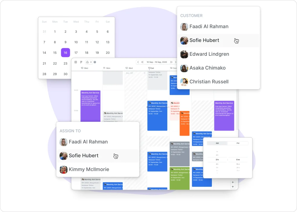 A GorillaDesk scheduling and dispatching interface showing a calendar view, technician assignment dropdowns, customer selection menus, and color-coded job blocks, highlighting how the software streamlines appointment booking and technician scheduling for field service teams.