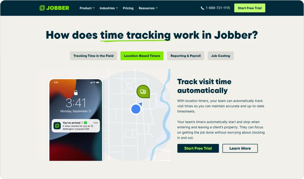 Jobber time tracking page showing location-based timers, mobile arrival notification, and automatic visit time tracking features.