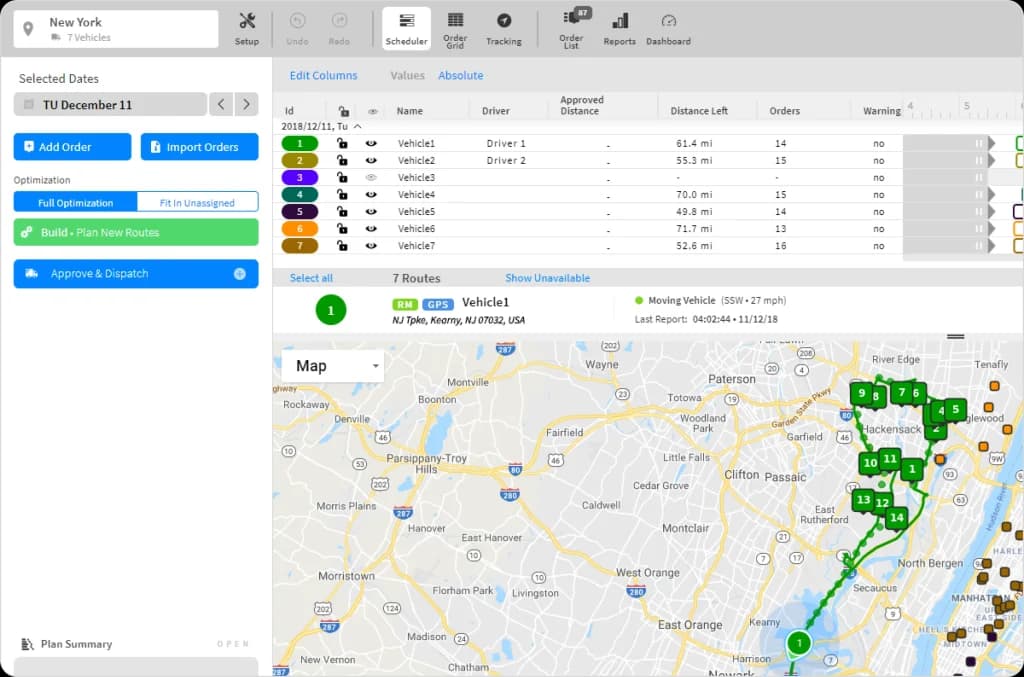 WorkWave route scheduling and dispatch screen showing optimized routes, vehicle tracking, distance data, and a mapped delivery sequence.