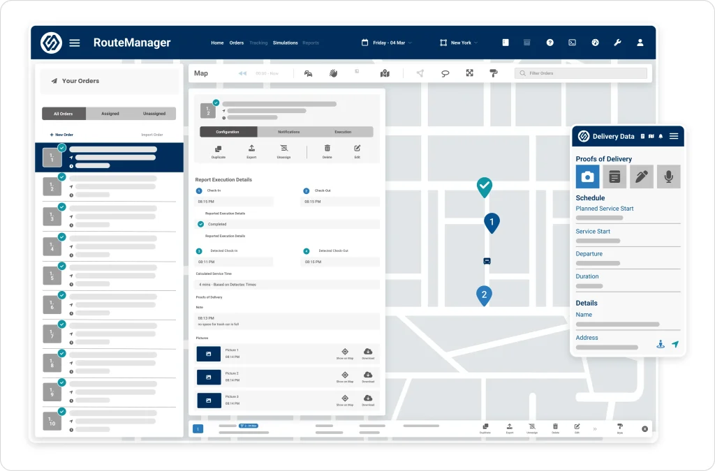 RouteManager software map showing delivery stop tracking, order execution reports, and proof of delivery information.