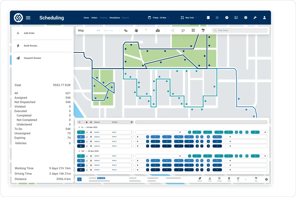 Scheduling and dispatching screen displaying optimized service routes on a map with technician schedules and task assignments.