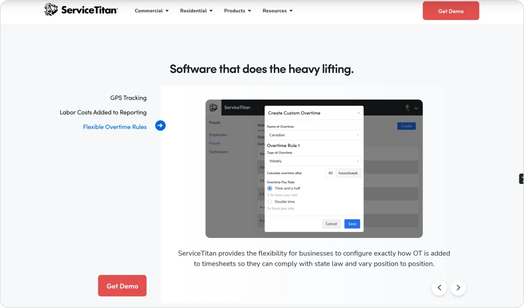 ServiceTitan interface displaying custom overtime rule setup with weekly hours, pay rate options, and payroll configuration.