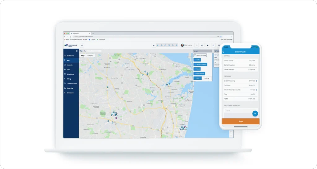 WorkWave Service platform showing a territory map on desktop and a work order form on the mobile app