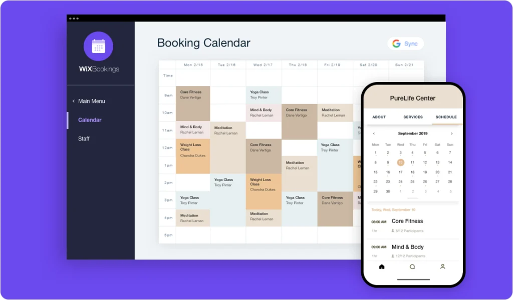 Wix Bookings scheduling system showing class calendar and mobile-friendly booking experience.