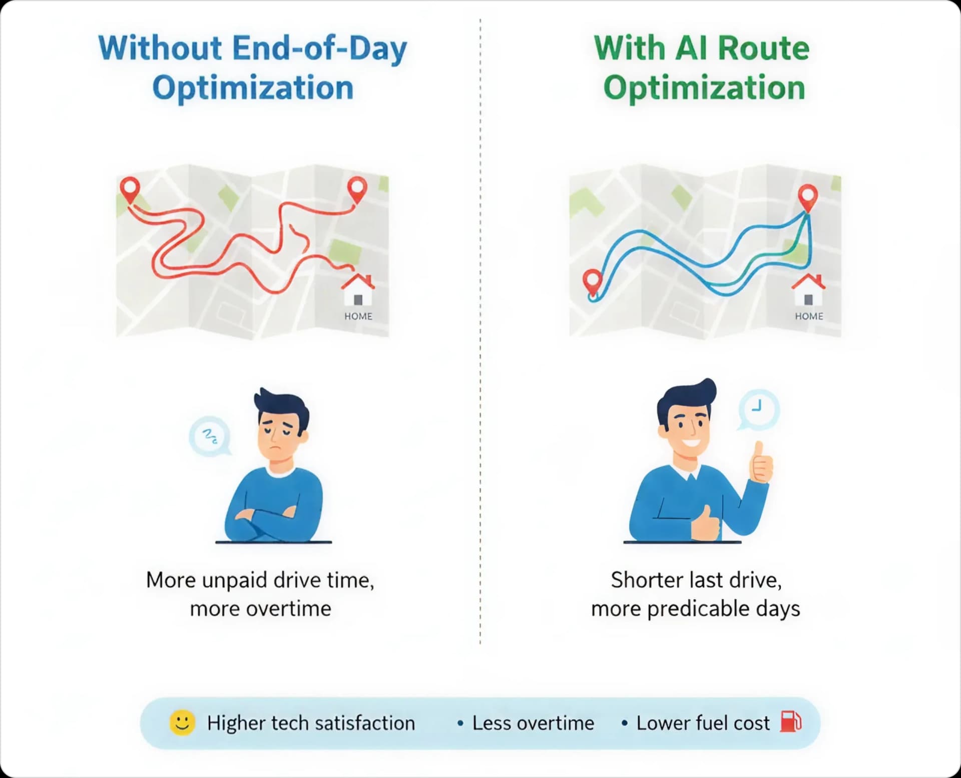 Comparision showing end of day opitmization with tired face and AI optimization with a happy face