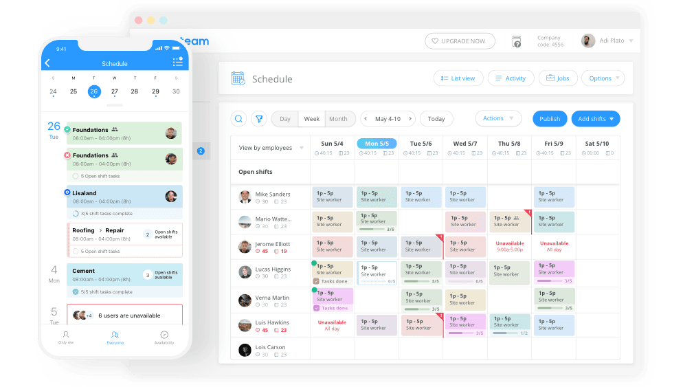 Employee scheduling dashboard showing weekly shift planning across web and mobile apps, with assigned jobs, open shifts, availability status, and real-time workforce visibility.