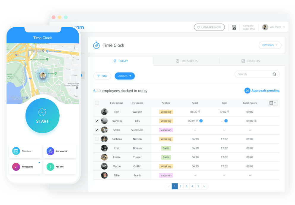 Time clock interface displaying employee punch-in status, working hours, approvals pending, and GPS-based attendance tracking for payroll and compliance management.