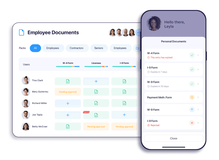 Employee document management system showing W-4, I-9, licenses, and approval status, enabling secure HR compliance and centralized workforce documentation.