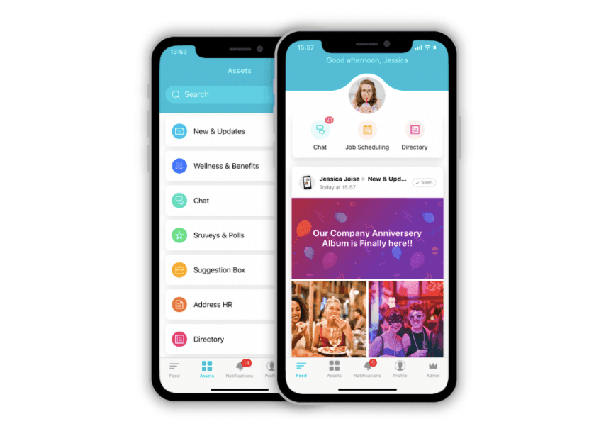Employee engagement mobile app showing company updates, internal chat, surveys, directories, and HR resources designed to improve communication and team participation.