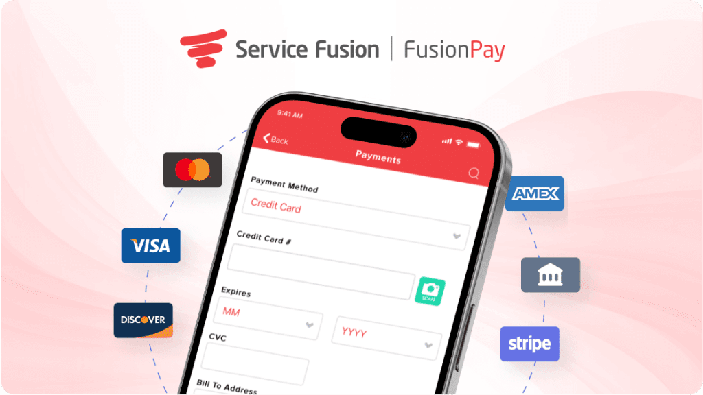 Service Fusion FusionPay mobile payment screen supporting credit cards, Stripe, bank payments, and secure in-field payment collection.