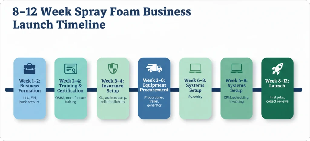 Timeline showing an 8 to 12 week spray foam insulation business launch plan, including business formation, training and certification, insurance setup, equipment procurement, systems setup, and official launch.