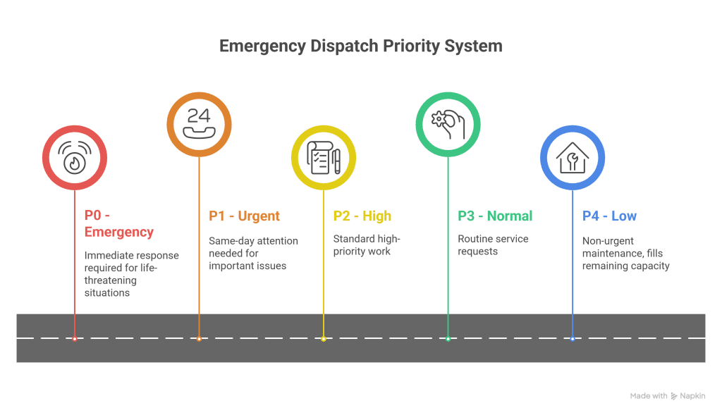 Emergency dispatch priority system showing five levels from P0 to P4. P0 Emergency requires immediate response for life-threatening situations. P1 Urgent needs same-day attention for important issues. P2 High covers standard high-priority work. P3 Normal handles routine service requests. P4 Low fills remaining capacity with non-urgent maintenance.