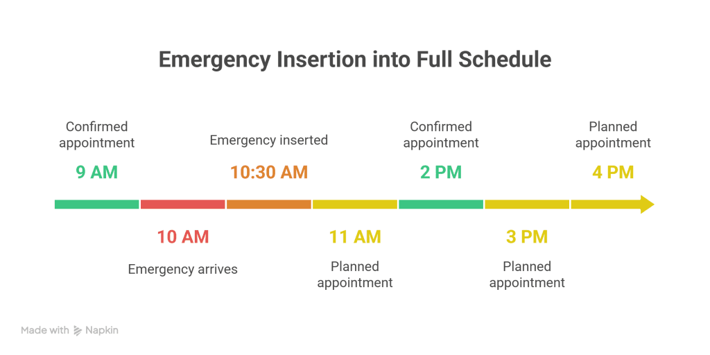 Timeline showing emergency insertion into a full technician schedule. 9 AM confirmed appointment stays protected. Emergency arrives at 10 AM and is inserted at 10:30 AM. 11 AM planned appointment moves to later. 2 PM confirmed appointment remains unchanged. 3 PM and 4 PM planned appointments fill remaining slots.