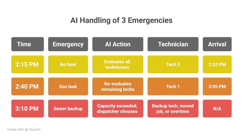 Table showing how AI handles three simultaneous emergencies. At 2:15 PM, a no-heat call triggers evaluation of all technicians, assigning Tech 3 with arrival at 2:52 PM. At 2:40 PM, a gas leak triggers re-evaluation of remaining techs, assigning Tech 1 with arrival at 3:05 PM. At 3:10 PM, a sewer backup exceeds capacity, requiring dispatcher to choose between backup tech, moving a job, or authorizing overtime.