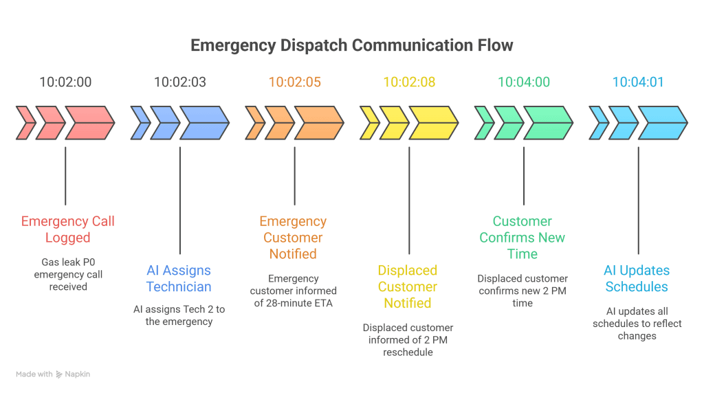 Emergency dispatch communication flow timeline from 10:02:00 to 10:04:01. Emergency call logged at 10:02:00 for gas leak P0. AI assigns Tech 2 at 10:02:03. Emergency customer notified of 28-minute ETA at 10:02:05. Displaced customer notified of 2 PM reschedule at 10:02:08. Customer confirms new time at 10:04:00. AI updates all schedules at 10:04:01.