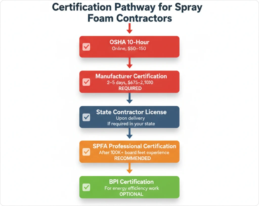Certification pathway for spray foam contractors outlining OSHA 10-hour training, manufacturer certification, state contractor licensing, SPFA professional certification, and optional BPI energy efficiency certification.
