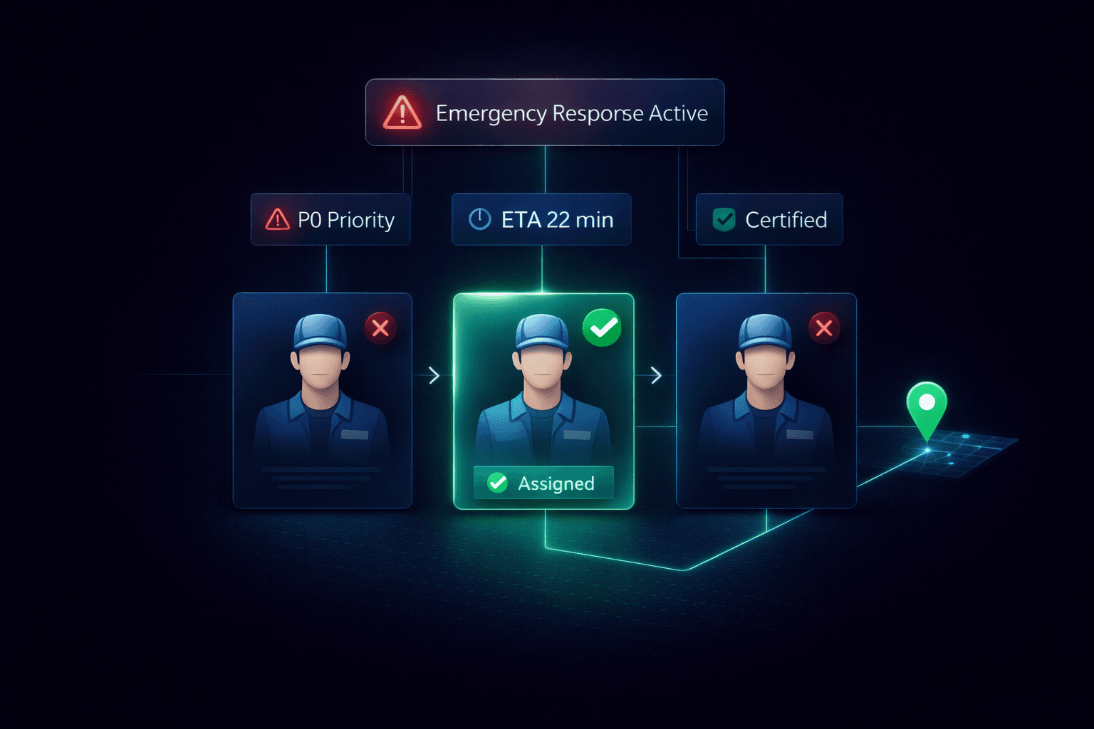 AI emergency dispatching interface showing technician selection process. An Emergency Response Active alert panel at top with warning icon. Three technician profile cards below - left and right technicians marked with red X (unavailable), center technician highlighted with green glow and checkmark showing Assigned status. Labels display P0 Priority, ETA 22 min, and Certified. A GPS location pin connects to the assigned technician indicating dispatch route.
