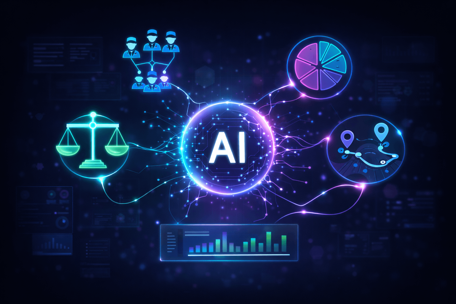 Futuristic AI illustration showing an artificial intelligence system orchestrating fair job distribution in field service dispatching using balanced workload, optimized routes, and performance analytics.