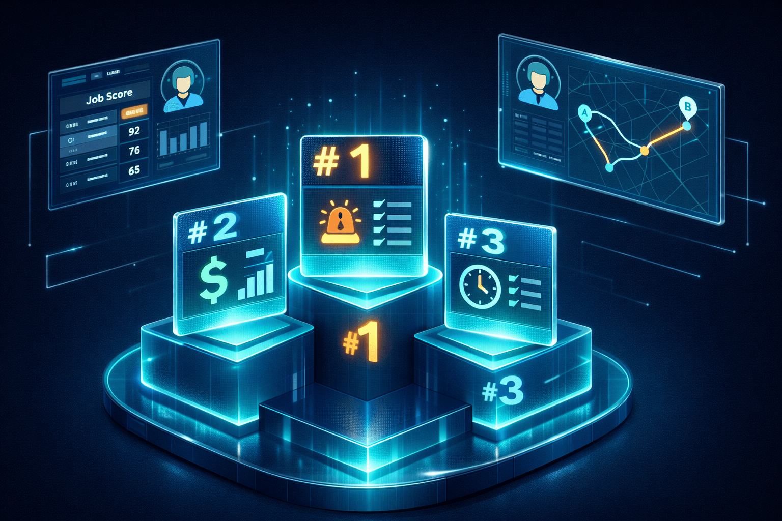 Isometric 3D illustration showing AI job prioritization with a holographic podium ranking three jobs (#1, #2, #3), featuring emergency, revenue, and SLA icons, surrounded by minimal scoring and route dashboards on a dark futuristic background.