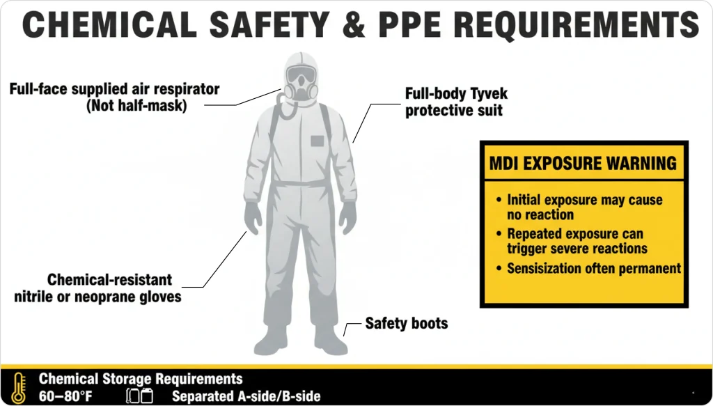 Chemical safety and PPE requirements for spray foam insulation work, showing a full-face supplied air respirator, Tyvek protective suit, chemical-resistant gloves, safety boots, and MDI exposure warning.