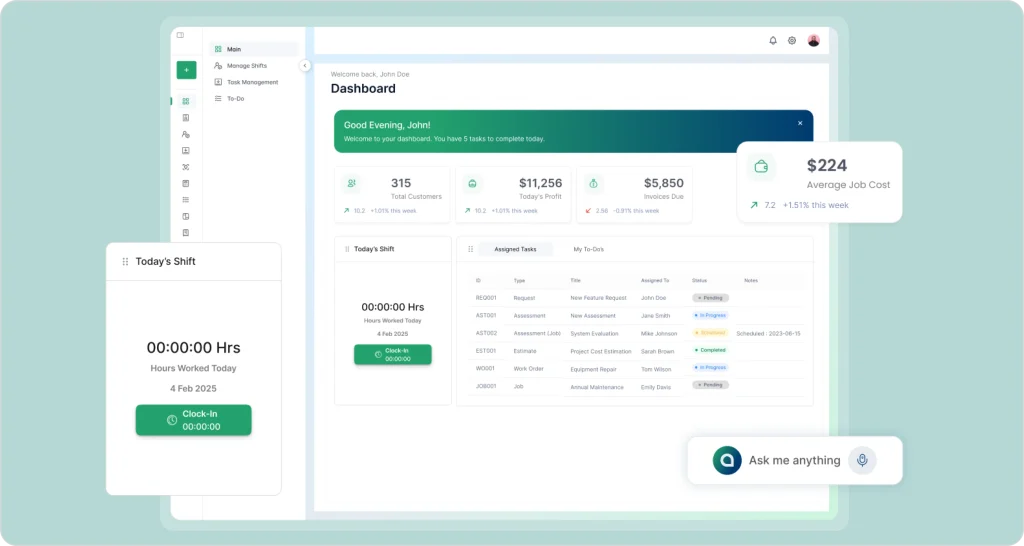 Cleri field service software dashboard showing task management, daily shifts, job assignments, invoices due, and AI assistant interface for contractors.