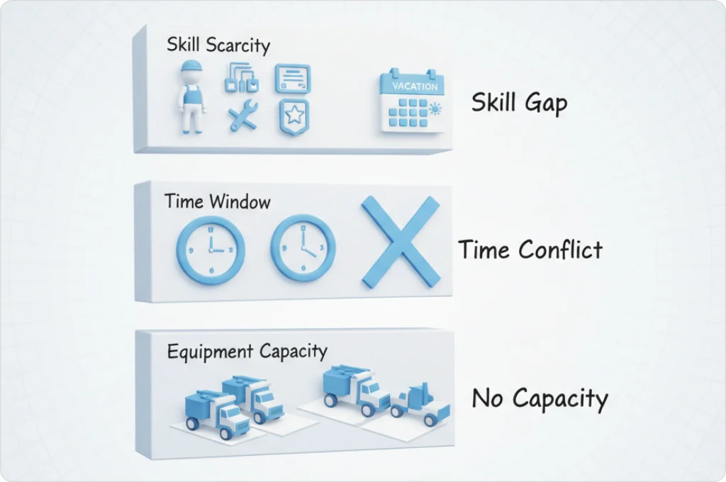 Visual image of common impossible scenarios in constraint scheduling
